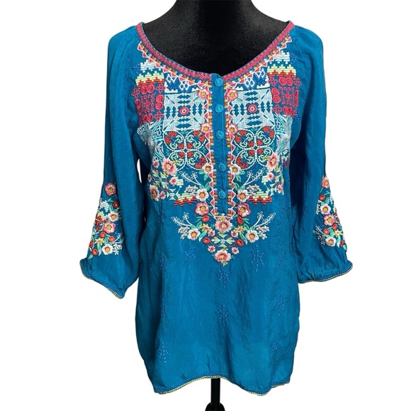 Johnny Was Tops - Johnny Was Cupra Rayon Embroidered Boho Blouse 3/4 sleeve Top XS